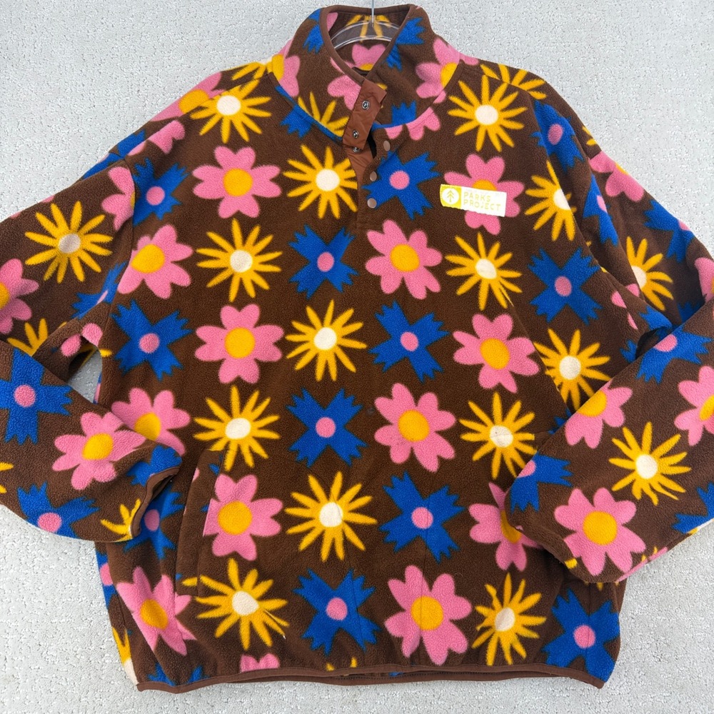 Parks Project Wildflower Fleece Sweatshirt Women L Brown Floral Snap Mock Neck